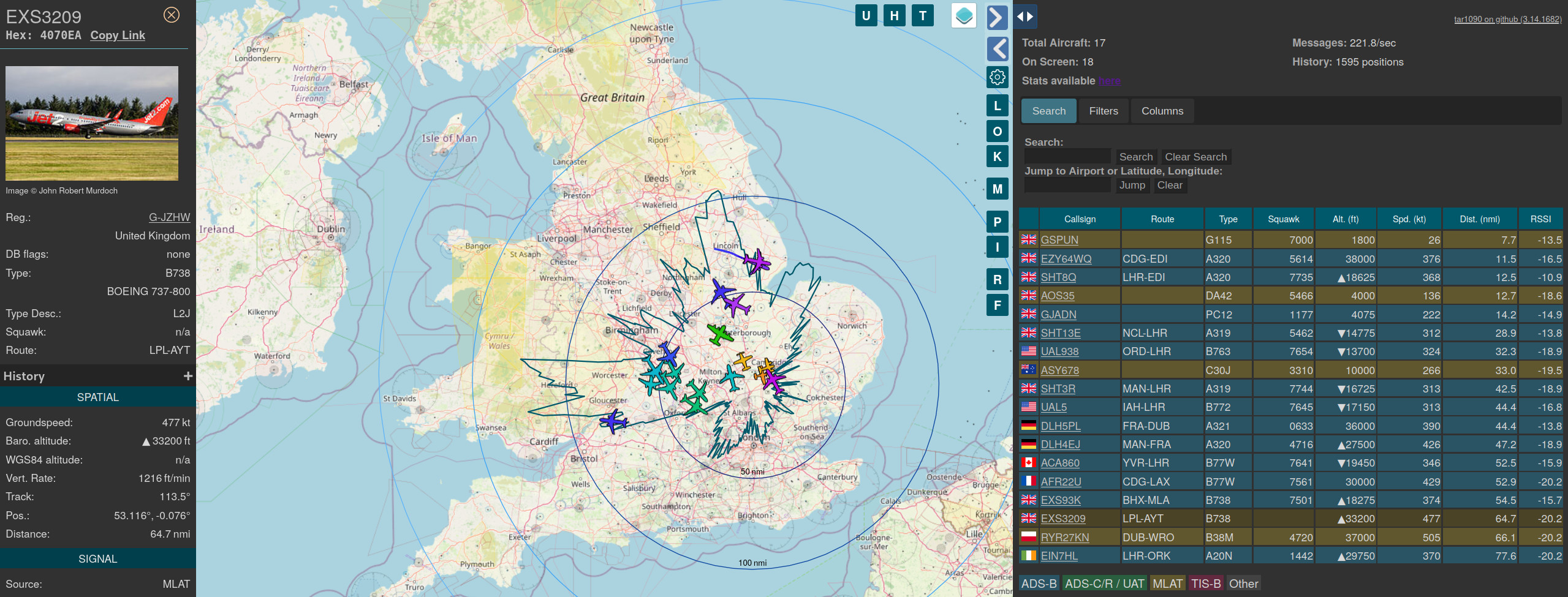 A screenshot of the ADSB map